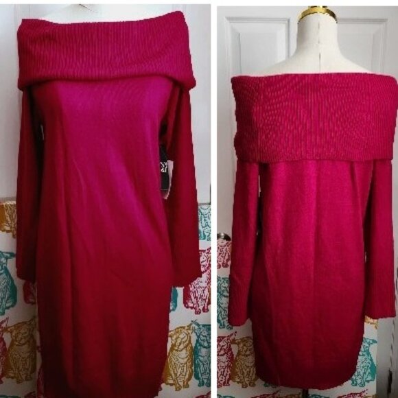 NWT -  NY&CO  sweater dress (S) , Fuchsia,  cowl neck to bare shoulder style - Picture 9 of 9